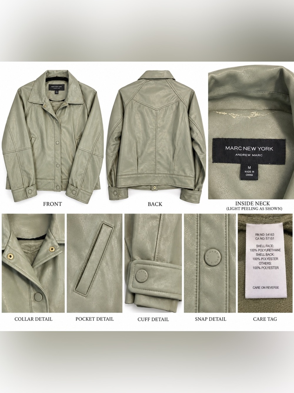 Marc New York Light Sage Green Faux Leather Snap-Front Jacket